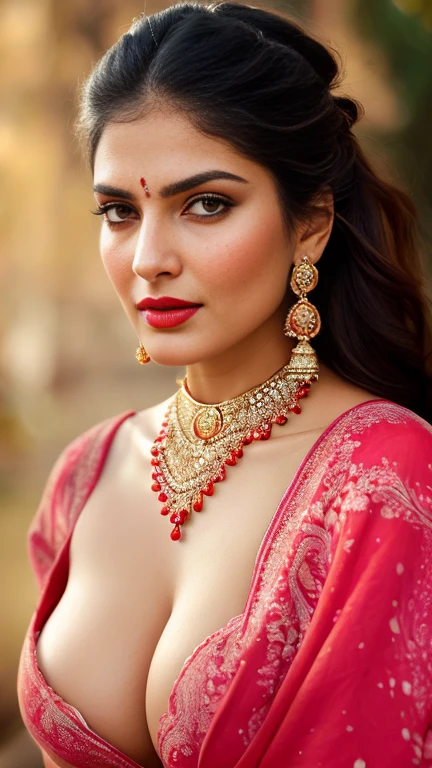 ((Full Open )) perfect pink eyes, fantastic face, Indian, beautiful look, ((red lips, bright eyes, curve heir 1.5)), ((beautiful details very big breast )), (Straight round and ultra huge clevage, not sagging breast), A glorious gorgeous, glorious gorgeous face, pretty face, bright eyes, detailed elegant printed red saree, updo elegant hair, blurred gray tones background, ultra focus, face ilumined, face detailed, 8k resolution, painted, dry brush, brush strokes, razumov style and garmash style, by Tokaito