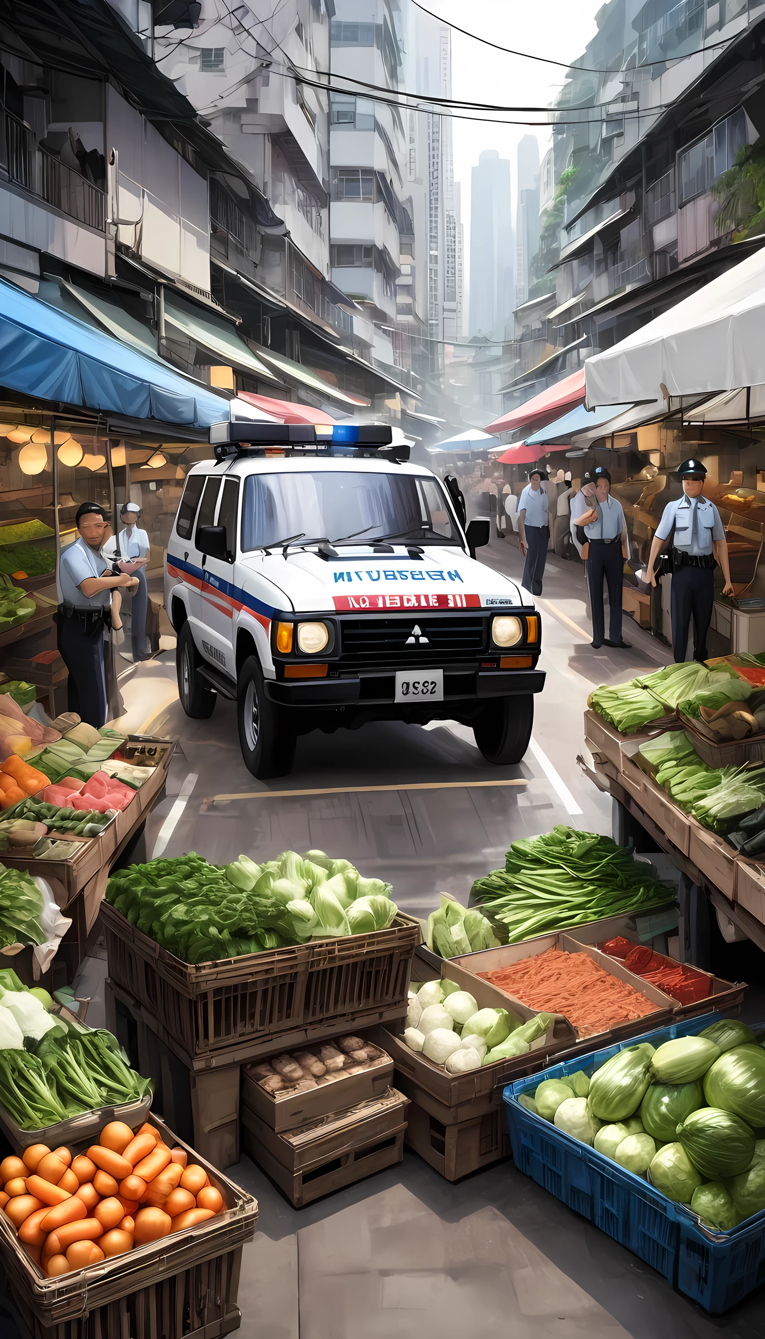 Realistic,Ultra-realism, car ,1 car ,enterprise:Mitsubishi,Models:Pajero , body style and exterior:SUV,Four-wheel drive ,or-trucks,Manufactured in 1982,Economic growth period , is located in Hong Kong ,Vegetable section, morning market , body color :Police,must:three-diamonds, exhaust cylinder is an amphibious model, side muffler, British colonial era , dish wheel ,Tetsuchin ,Hong Kong Police,A splendid arrest drama