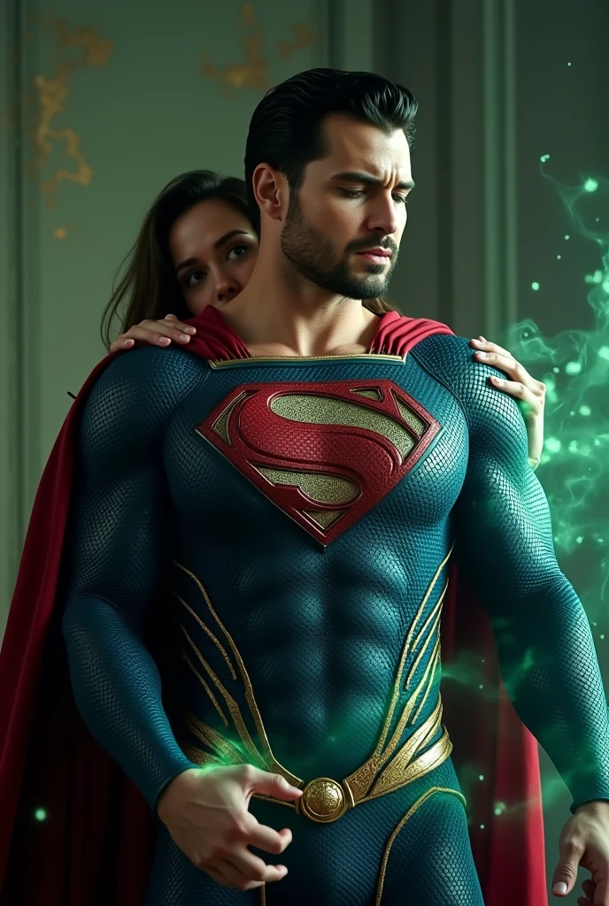 uhd, masterpiece, textured skin, super detail, high details, 8k, \(a muscular Nicholas Alexander Chavez with a short beard and short dark hair, dressed in a blue Superman costume with gold details, in his early 30s. He has a expression of despair and pain. He appears weak and in pain, with his mouth slightly open and his eyes closed, right arm stretched out in front, left hand on abdomen, expression of despair and pain, front\)Woman hugging from behind, her hands glowing with green magical energy