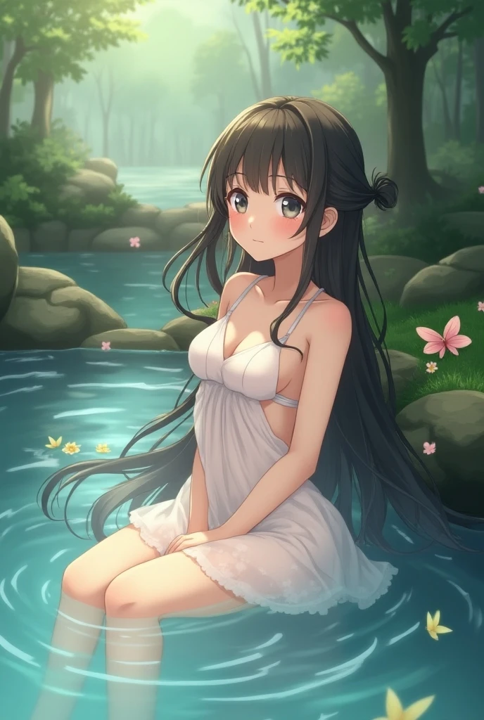 (top-quality、​masterpiece), -yeld beiful girl, photon maping, Chiaroscuro, Wet white underwear, Wet scanties, see -through, camel's toe, pink , Standing in underwear in a clear stream, The water in the clear stream was beautiful, so a beautiful girl took off her clothes and played in the water in her underwear and got into soaked white underwear.、peaceful ambiance, eyes gentle, kindly smile, Water dripping from the crotch, small but neatly shaped breasts,、slim waist, satisfied, time: Daytime in summer, Background with: Clear stream flowing through the mountains,