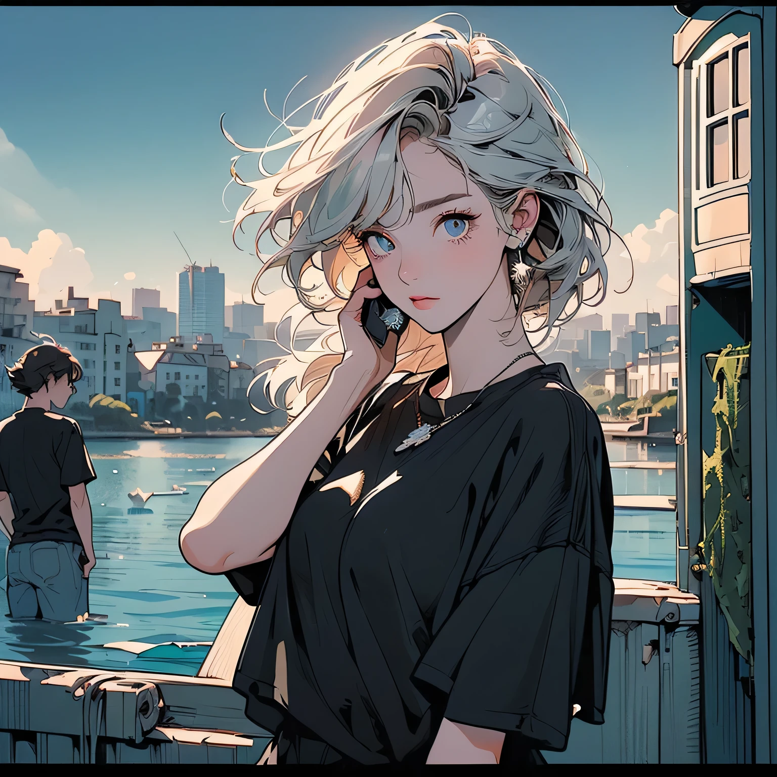 (((Fisheye Lens))),  Very Wide White Backdrop , High quality, masterpiece, 32K,   Depth of Written Boundary ,  intricate details, (((Unmanned))),  Very Wide Margins , Huge amount of text, Company logo, space,  movie poster , ((( Ruins with a View of the Ocean ))), ((( Highly Detailed Meadows ))), (((Mossy Buildings ))),Nostalgia, (((Night City))),  panorama, Long Hit, Backlight, (((Dull colors))),(((Only one woman))), ((( perfect face))), 14k, ((( highly detailed background with frills))), (((Best Quality))),((( cowboy shot))), Ultra detailed hair, (((Dim lighting))),((( Lots of Unique Hairstyles ))),  super beauty, (((Ultra detailed face))), ((((Mr.々Angle)))), ((( The wind is blowing))), (((Different hair colors))),((( Beautiful Glowing eyes Very Well Drawn))),(((Broken heavy machinery))),((( eyes .))),((( flat chest))),((( Black Short Sleeve Sweatshirt )))r,(((Mysterious))),(((Destroyed city))),short hair,((Submerged City)),moonlight、、((( Holding Your Phone to Your Ears )))、Perfect hands、Perfect fingers、(((Telephone booth)))、The perfect telephone booth、Detailed Telephone Booth