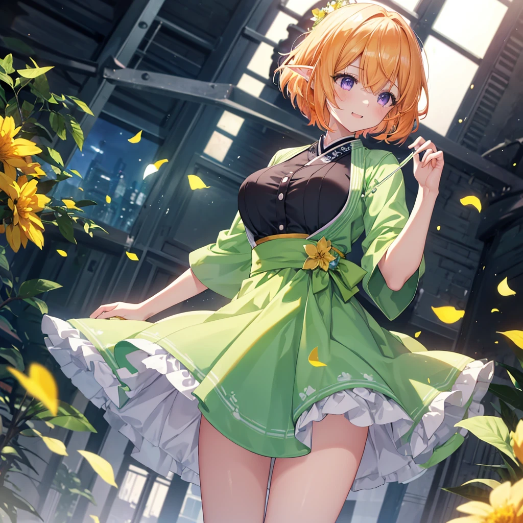 Very light background ,  hopeful illustration , happiness, {{{One Girl}}}, Singing and dancing, festival,  beautiful detailed girl, Elf Ears, Game CG, Yellow Flower, profile, One curl on the outside,  short bob hair, Pastel orange hair,  purple eyes,Accessory solo, Bust Up, Medium Shoot , woman, smile, Big Breasts,, pastel green ruffle mini skirt,Black Knee High, {{{{{ wearing a pastel green Japanese-style dress }}}}}, opens her mouth, Daytime, wonderful,  beautiful detailed eyes,  best quality, Very delicate,Masseter muscle area, best quality,(Official Art、 best quality、 unity 8k Wallpaper 、32K、masterpiece、Super detailed、 ultra A high resolution、Realistic、 photorealistic:1.2)、(Cinema Lighting:1.2)、The most grainy shadows on the film、Rely on side lighting、Side Shot、(Super detailedで複雑な3Dレンダリング)、Atelier Series, Butt,