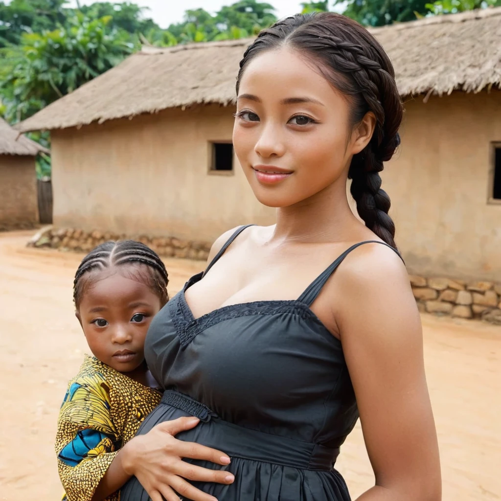 The pregnant woman has dark brown skin, Ishihara Satomi, a Ghanaian woman raising ren with women in a Ghanaian village、((Best Quality)), ((masterpiece)), (detailed), （ perfect face）, The dark-brown-skinned woman is Ishihara Satomi, a Ghanaian with excellent proportions and big breasts, and is completely finished as a Ghanaian woman in a Ghanaian village with Ghanaian national costumes and accessories, and her hair is braided and tied、The woman is raising ren with Ghanaian village women 、A black woman with dark brown skin smiles gently 