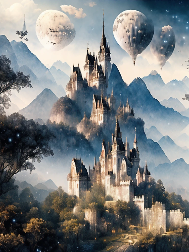 Large view of Castle in the Sky 、There are mountains in the background, 8k high quality detailed art, 4k fantasy art, Flying Cloud Castle, Beautiful detailed fantasy, Fantasy Highly detailed,  Detailed Fantasy Digital Art, Concept Art Wallpaper 4K, Highly detailed digital art in 4K,  Fantasy City Background ,  8k fantasy art ,  High Fantasy Castle 