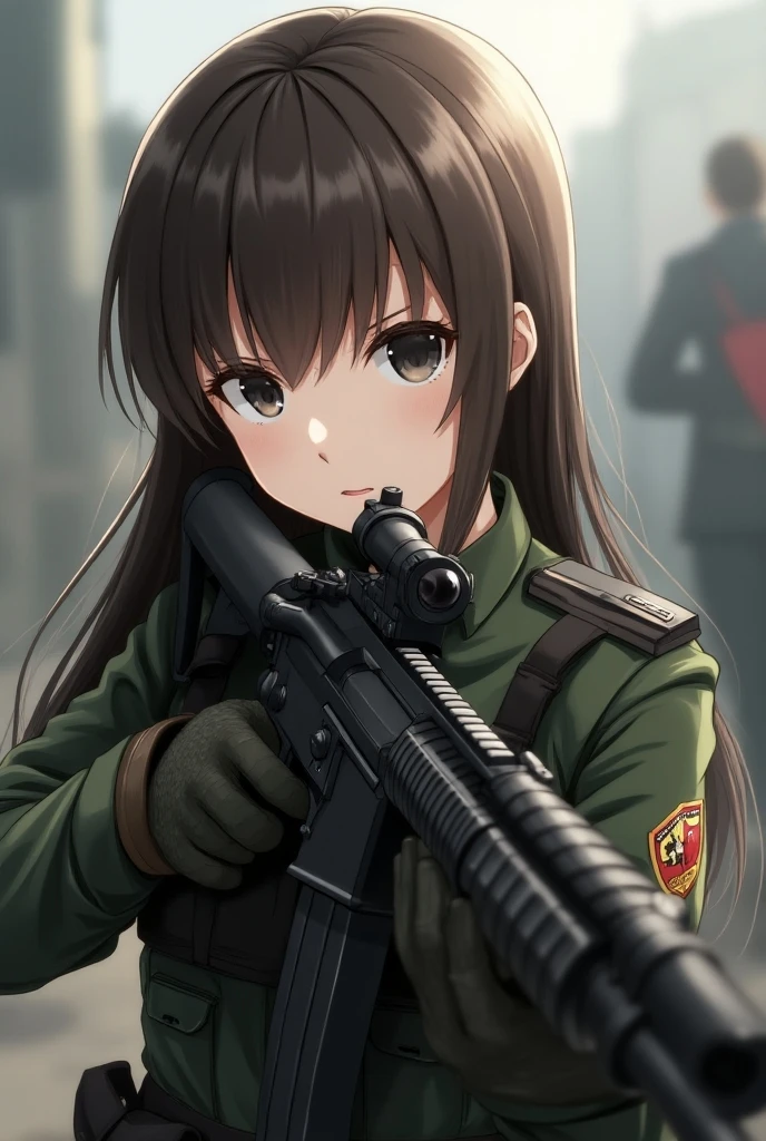 Anime woman 20 years old with straight brown hair and narrow black eyes, she wears military uniform and holds a rifle m16 (anime style)