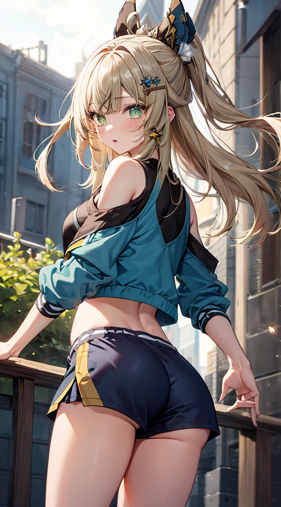 kirara, genshin impact,1 girl, green eyes, blonde hair hair ornament, bare shoulders, black crop top,green jacket, Sportswear shorts, standing, outdoors, masterpiece, Noise Reduction, perfect anatomy, high resolution, ultra-detailed, ultra-detailed face ,beautiful detailed eyes, perfect body, visual art, sparkling pupils, looking back at viewer, big ass, (fart_Yellow Fart:1.1)