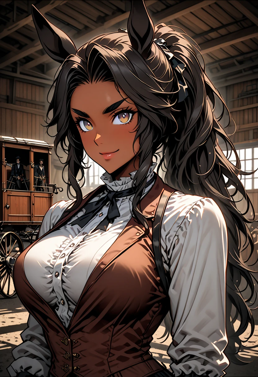 solo, close up, female, ((centaur girl)), tan skin, long hair, brown-black hair, ponytail, victorian era:0.7, coachman, large breasts, broad shoulders, muscular, hazel eyes, horse ears, strong eyebrows, intimidating, friendly smile, servant, very tall female, stable, coach, carts, garage, working clothes, manor