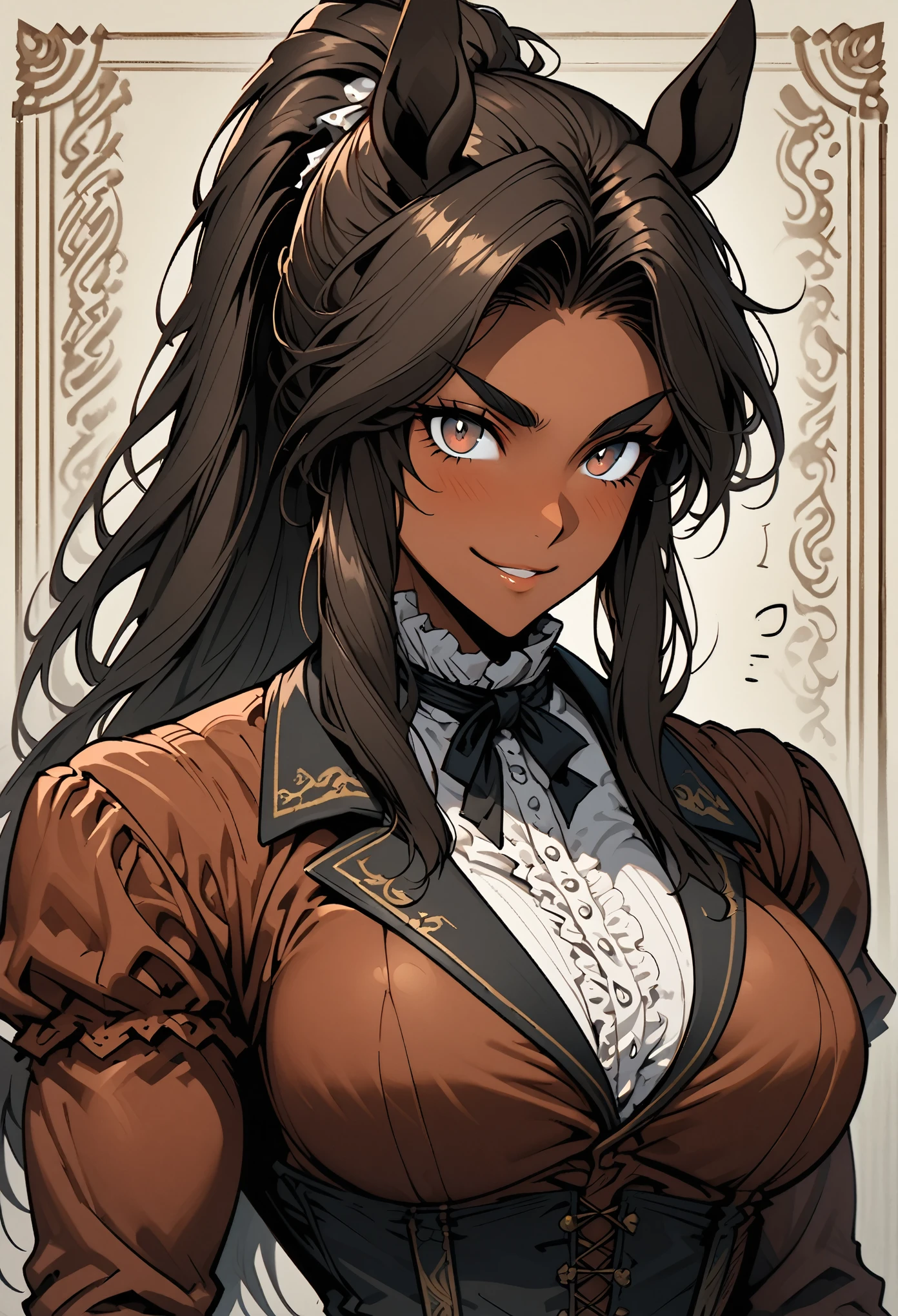 solo, close up, female, ((centaur girl)), tan skin, long hair, brown-black hair, ponytail, victorian era, coachman, large breasts, broad shoulders, muscular, hazel eyes, horse ears, strong eyebrows, intimidating, friendly smile, servant, very tall female, 