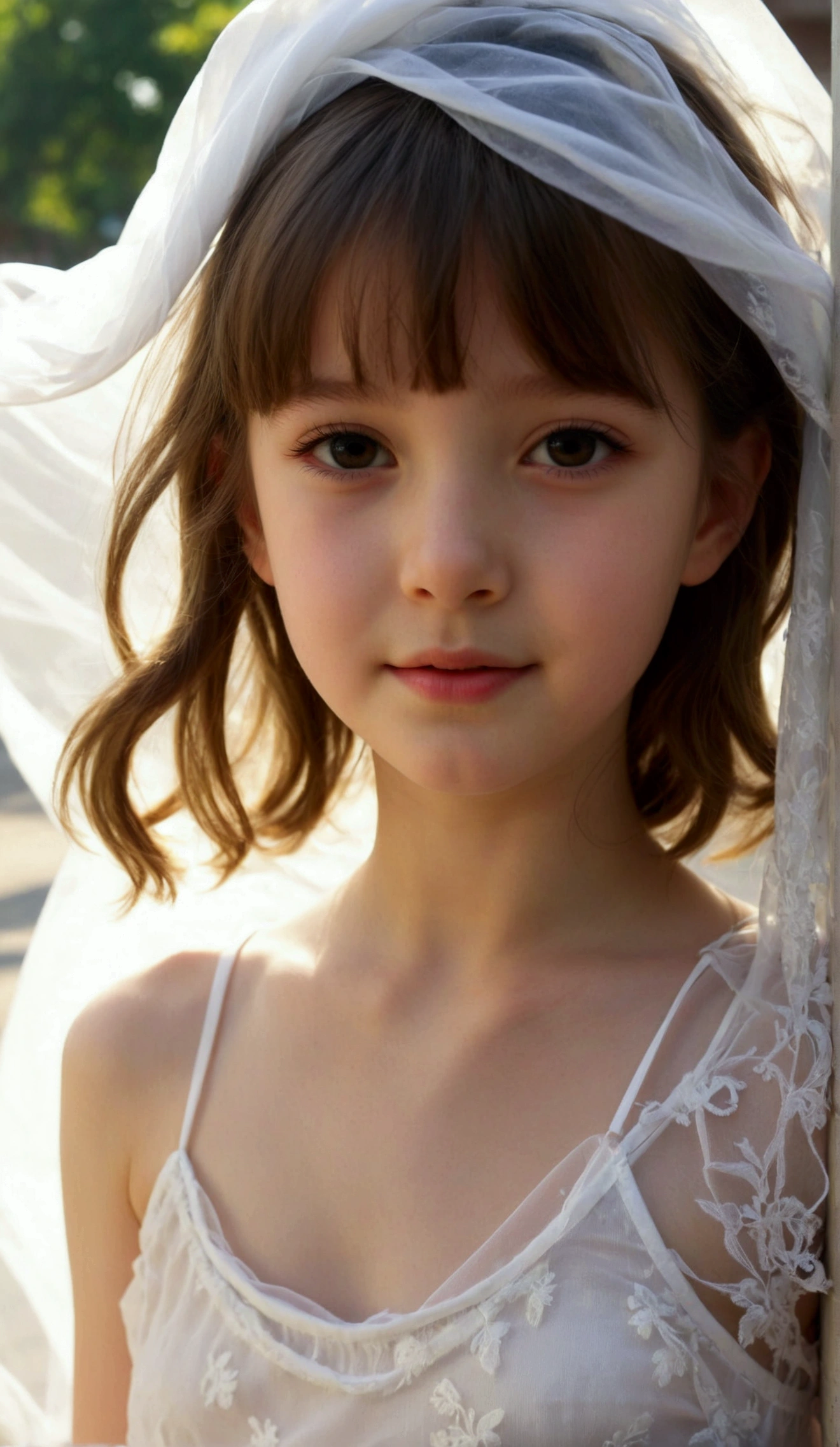 Prettiest girl, the cutest girl, sweet young girl on the schoolyard, relaxing, age 9 with beautiful small-budding breast, pale skin, juveniles physique, charming adolescents girl, wear white sheer fabric dress that show off her unique cuteness, sheer fabric, translucent clothes, full-body, wind blows her short skirt