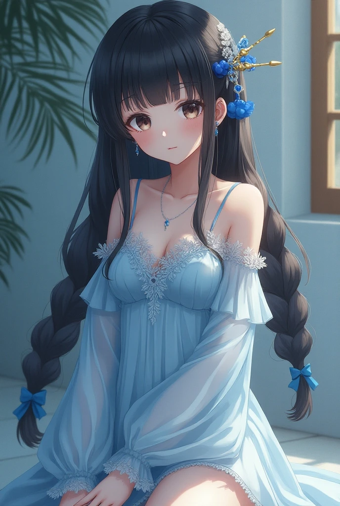 ((Highest quality)), ((masterpiece)), ((Very detailed)), (Very mature),A cute, gentle-looking woman with black hair and about 165cm tall.，A high school girl with a cute smile and B cup breasts wearing a transparent blue waifus with a cute patterned hood and bare shoulders, alone, Cute attitude,(background(bright)，Long Hair - Straight，Knee-high socks、A transparent blue veil with a cute pattern and white hood with off-the-shoulder sleeves，White wall、Sitting、Facing the viewer、縁に模様がある壁が1面のbackground