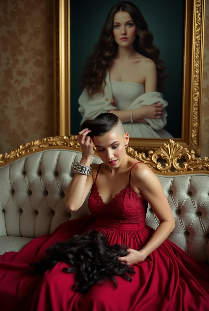  the scene is a surreal, luxurious image of a photorealistic woman sitting elegantly on a lavish, baroque-style couch with ornate golden carvings. She is dressed in a flowing, crimson red dress with delicate lace details that catch the soft ambient light. (((She is shaving her head with hair clippers she is half bald half long hair, the bald part is shaved bald to the skin which is pale white))), similar she has a pale freckled ethereal face. ((There is a large pile of dark hair on the center of her lap and another on the ground at her feet)). The scene has a cinematic, dreamlike quality, with subtle hints of abstraction—the colors appear rich and saturated, giving the room an almost otherworldly atmosphere. (In the background, a mysterious detailed painting of her with very long flowing hair, hangs on the wall).  Both the painting and her are in focus.
