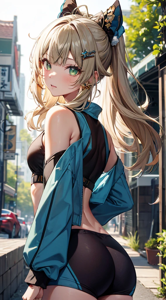 
kirara, genshin impact,1 girl, green eyes, blonde hair hair ornament, bare shoulders, black crop top,green jacket, Sportswear shorts, standing, outdoors, masterpiece, Noise Reduction, perfect anatomy, high resolution, ultra-detailed, ultra-detailed face ,beautiful detailed eyes, perfect body, visual art, sparkling pupils, looking back at viewer, (big ass)