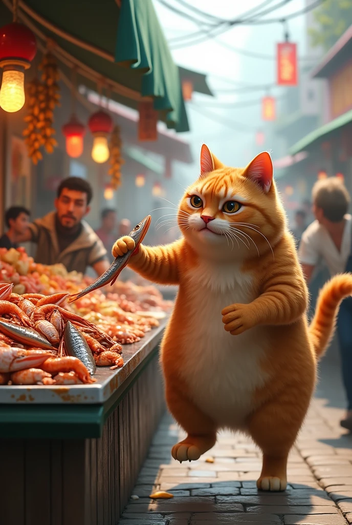 Fat cat stealing a fish in a market the fish seller rebukes the cat ...
