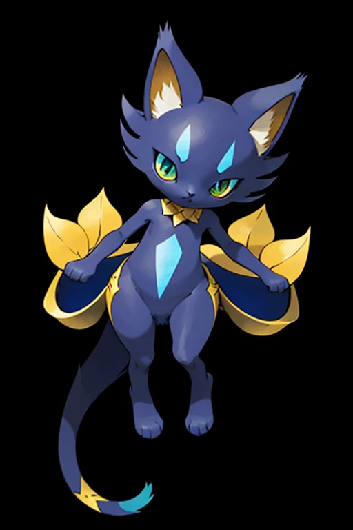  Pokémon-style illustration of a little one feline .  designs. The overall body shape is that of a cat ,  but stylized ,  with an angular and delicate style , like Pokémon .  The body is composed of a soft mix of dark shades of blue , purple and gray,  representing a galaxy .  The body texture must be hazy ,  conveying the feeling of deep space .  A golden four-pointed star is present in relief on the feline's forehead . The eyes are large and expressive,  of the basic and elegant shape of the kitten {x} with a tone blue-green and a bright spot in the shape of a gold star in the center of each one.  The tail is long and thin ,  ending with a golden four-pointed star .  The ears have vibrant yellow tips .  The legs are stylized ,  with slight marks in the shape of stars , in the same golden hue ,  maintaining the proportions of a kitten ,  but with an elegant and stylized style ,  similar to Pokémon .  The overall style of the image must recall a watercolor , with soft colors,  translucency and a simple white background to focus on the feline . Lighting should be soft and natural,  highlighting The bright spots of the golden stars .  The image must have a high resolution digital quality ,  but maintaining the soft and delicate appearance of a watercolor .  The proportion and shape of the body must remain close to the lines of the sketch ,  but with a refined finish .  Attention must be kept close to the lines of the sketch ,  combining it with the representation of cosmic elements .