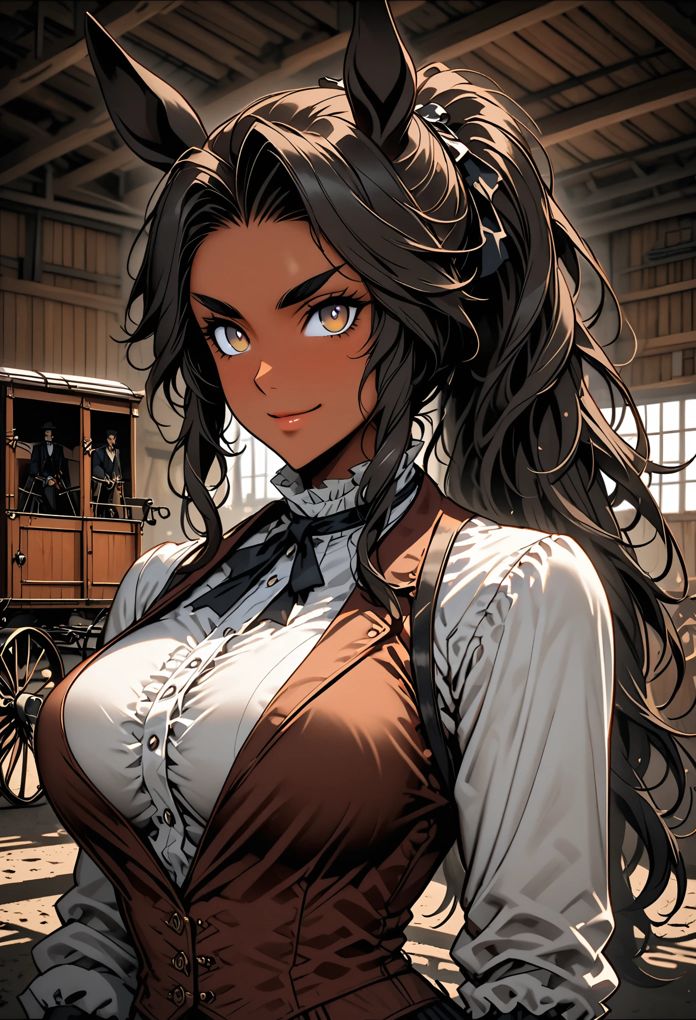 solo, close up, female, ((centaur girl)), tan skin, long hair, brown-black hair, ponytail, victorian era:0.7, coachman, large breasts, broad shoulders, muscular, hazel eyes, horse ears, strong eyebrows, intimidating, friendly smile, servant, very tall female, stable, coach, carts, garage, working clothes, manor