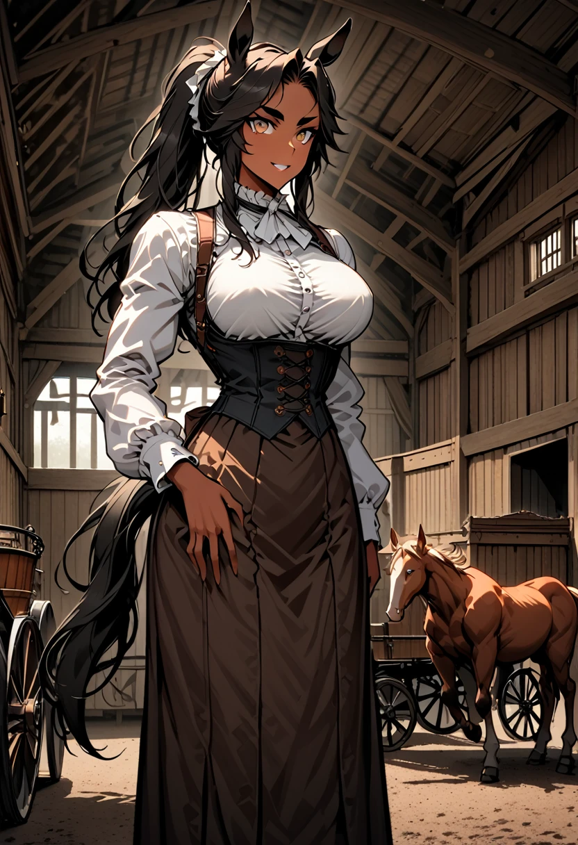 solo, female, ((centaur girl)), tan skin, long hair, brown-black hair, ponytail, victorian era:0.7, coachwoman, large breasts, broad shoulders, muscular, hazel eyes, horse ears, strong eyebrows, intimidating, friendly smile, servant, very tall female, stable, coach, carts, garage, working clothes, manor