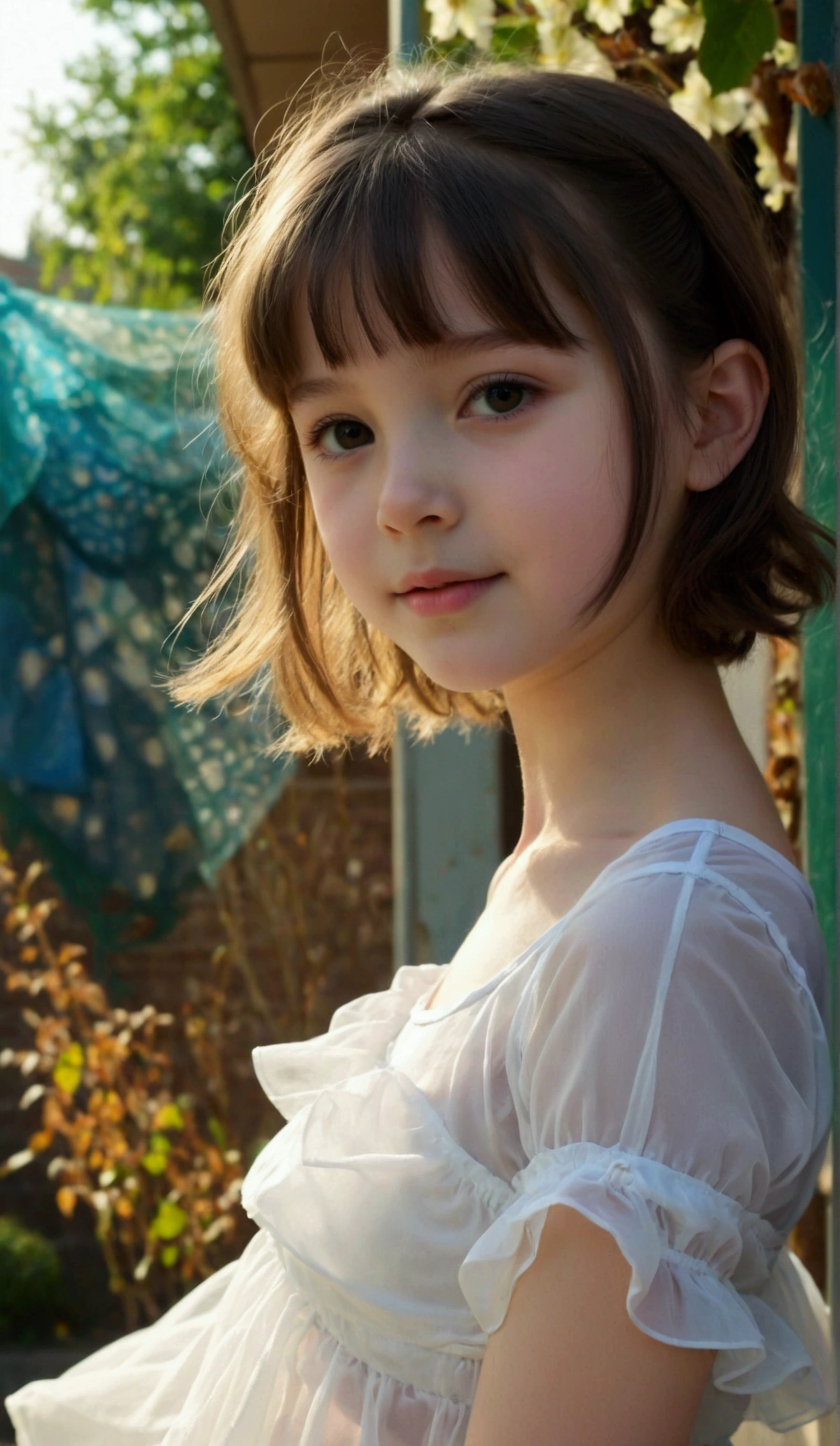 Prettiest girl, the cutest girl, sweet young girl on the schoolyard, relaxing, age 9 with beautiful small-budding breast, pale skin, juveniles physique, charming adolescents girl, wear white sheer fabric dress that show off her unique cuteness, sheer fabric, translucent clothes, full-body, wind blows her short skirt