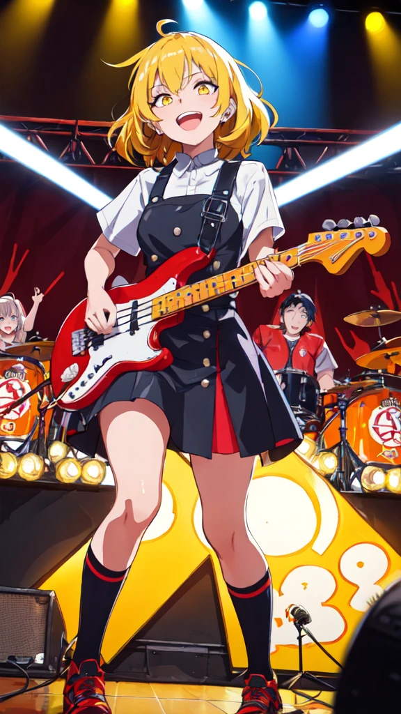 ( best quality, masterpiece, RAW Photos,Super detailed:1.2),  1 girl,Alone, viewers right before sexual activity,smile、“An anime-style illustration of a cool three-member girls’ band performing live at a concert venue. The band members wear matching yellow and black Fukuoka SoftBank Hawks baseball caps and jerseys. Each girl has a confident and energetic expression as they rock out on stage. The central member plays a bright red electric guitar, standing at the forefront, while the drummer, positioned slightly to the right, has short, spiky hair and is energetically playing a set of drums in the background. The bassist on the left has long, flowing hair and is strumming a dark blue bass guitar. The stage lighting casts a mix of vivid yellow and red hues, creating an electrifying atmosphere with glowing spotlights shining from above. The backdrop is a lively live house setting, with a crowd silhouetted against the colorful lights. The overall tone is dynamic and edgy, capturing the energy and passion of a live performance. The art style should emphasize bold linework, vibrant colors, and dramatic lighting.”