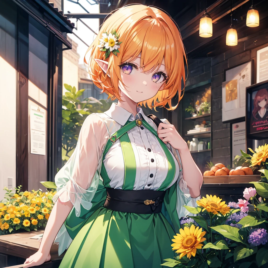 Very light background ,  hopeful illustration , happiness, {{{One Girl}}}, Singing and dancing, festival,  beautiful detailed girl, Elf Ears, Game CG, Yellow Flower, profile, One curl on the outside,  short bob hair, Pastel orange hair,  purple eyes,Accessory solo, Bust Up, Medium Shoot , woman, smile, Big Breasts,, pastel green ruffle mini skirt,Black Knee High, {{{{{ wearing a pastel green Japanese-style dress }}}}}, opens her mouth, Daytime, wonderful,  beautiful detailed eyes,  best quality, Very delicate,Masseter muscle area, best quality,(Official Art、 best quality、 unity 8k Wallpaper 、32K、masterpiece、Super detailed、 ultra A high resolution、Realistic、 photorealistic:1.2)、(Cinema Lighting:1.2)、The most grainy shadows on the film、Rely on side lighting、Side Shot、(Super detailedで複雑な3Dレンダリング)、Atelier Series, Butt,