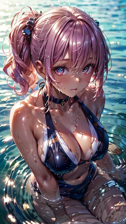 (masterpiece:1.2, top-quality), (Realistic, photoRealistic:1.4),  beautiful illustrations, ( natural side lighting floating on the water, Cinema Lighting), nsfw:1.2, 
 viewers right before sexual activity,  1 girl, Japanese,  Gravure Idol, High school girl,  perfect face,  cute and symmetrical face , Sunburn,  shiny skin , slender, 
(Long hair:1.2,  side ponytails :1.2, Gradient、 pink hair),  split bangs outside a spaceship, Blonde Eyes,  long lashes, (Large Breasts:0.6), Curly hair:1.2、
Beautiful Hair, Beautiful Face,  beautiful eye with attention to detail, Beautiful clavicle, Beautiful body, Beautiful breasts,  Beautiful Thighs, Beautiful legs, Beautiful fingers, 
((Stylish bikini)),  choker, Wrist Chakra)), 
(Beautiful views),  tropical beach , (swim:1.5), (Beautiful smile, Above the eyes),(( dynamic angle:1.5)),((( floats on the water with your whole body:1.5))),((Shining Sea:1.5,Refraction of Light)),(((Sunburn痕、tanline:1,5))),((Dark skin、Thick lips:1.2)),((Super stylish swimsuit :1.2))、(( wet hair、Drops from the tips :1.2))、((Brush your hair back、Shiny Hair:1.2))