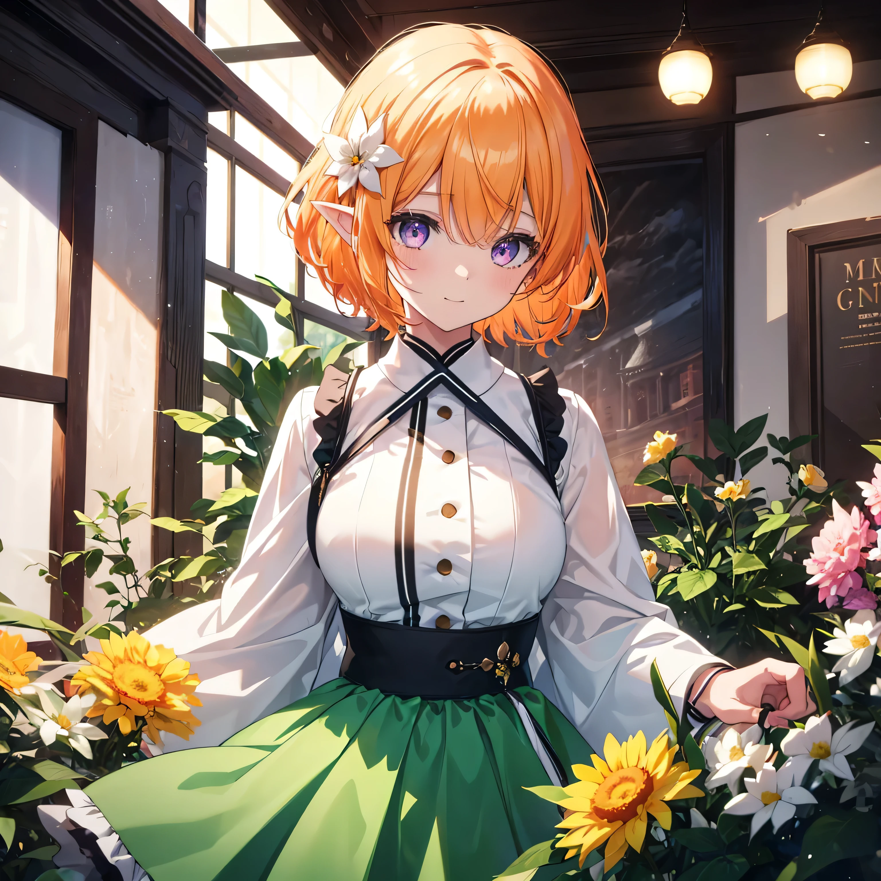 Very light background ,  hopeful illustration , happiness, {{{One Girl}}}, Singing and dancing, festival,  beautiful detailed girl, Elf Ears, Game CG, Yellow Flower, profile, One curl on the outside,  short bob hair, Pastel orange hair,  purple eyes,Accessory solo, Bust Up, Medium Shoot , woman, smile, Big Breasts,, pastel green ruffle mini skirt,Black Knee High, {{{{{ wearing a pastel green Japanese-style dress }}}}}, opens her mouth, Daytime, wonderful,  beautiful detailed eyes,  best quality, Very delicate,Masseter muscle area, best quality,(Official Art、 best quality、 unity 8k Wallpaper 、32K、masterpiece、Super detailed、 ultra A high resolution、Realistic、 photorealistic:1.2)、(Cinema Lighting:1.2)、The most grainy shadows on the film、Rely on side lighting、Side Shot、(Super detailed and complex 3D rendering)、Atelier Series, Butt,