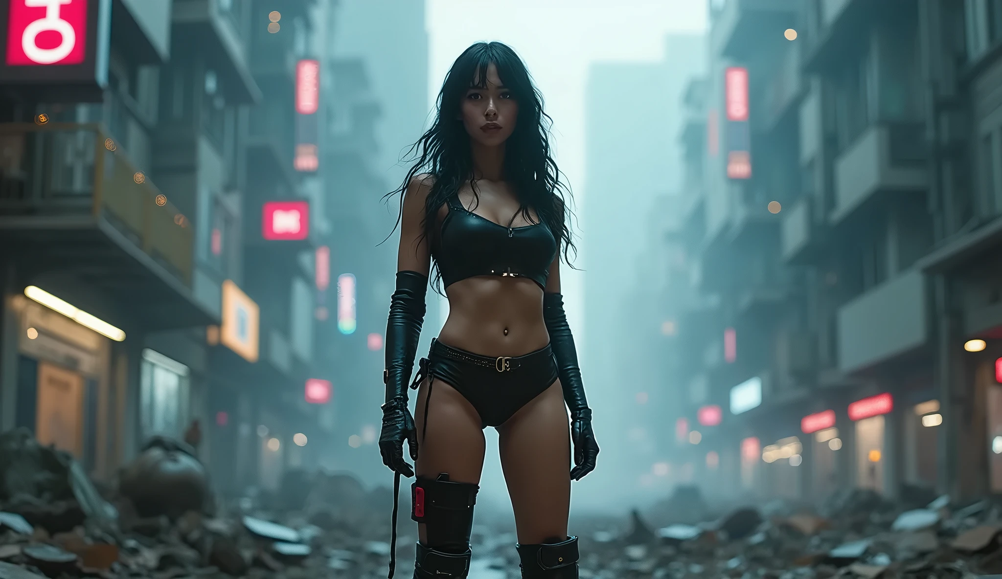 beautiful young woman, oiled, make up, wearing a slave bikini, fishnet leggings, Stiletto boots, metal collar, standing on an auction block, looking ashamed, post apocalyptic