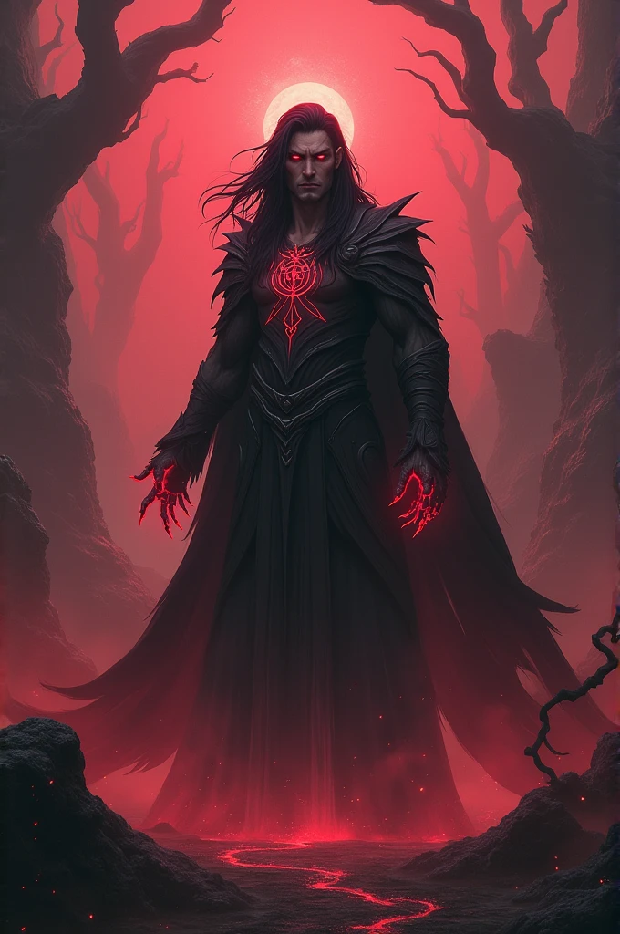 black hair, Red eyes, Long hood,Dark background, Forest in the background, horror, necromancer, masterpiece, a high resolution, Realistic anatomy, Damn Sla,