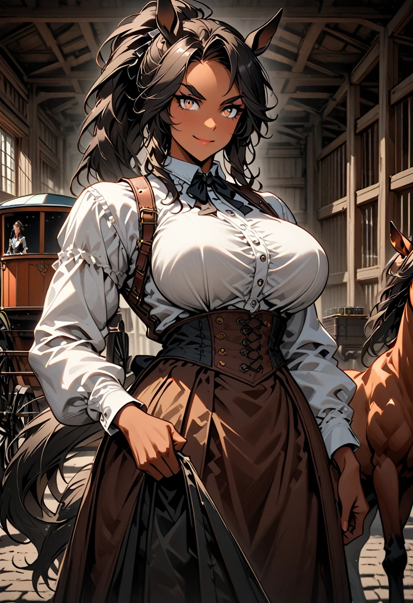 solo, female, (((centaur))), tan skin, long hair, brown-black hair, ponytail, victorian era:0.7, coachwoman, large breasts, broad shoulders, muscular, hazel eyes, horse ears, strong eyebrows, intimidating, friendly smile, servant, very tall female, stable, coach, carts, garage, working clothes, manor, cowboy shot, horse lower body