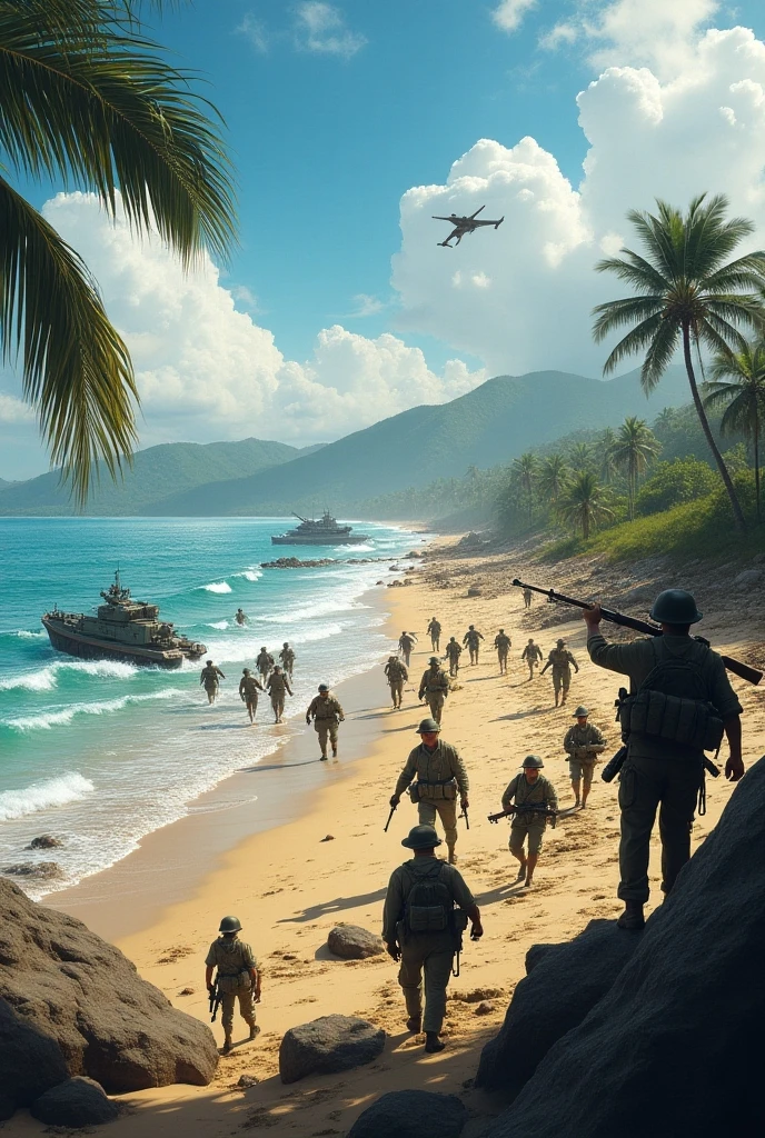 obra-prima, Army landing on the beach, Navios, Soldados, Tanques, Explosions, dia ensolarado, lotado de pessoas, Very detailed lighting, Dramatic, trending digital art in Artstation 8k HD realistic detailed high definition, detalhado, textura da pele, hiper detalhado, textura de pele realista, armadura, melhor qualidade, Ultra alto nada, (fotorrealista: 1.4), alta resolução, detalhado, foto crua, sharp re, por Lee Jeffries Nikon D850 Film Fotografia de Stock 4 Kodak Portra 400 Camera F1.6 lens rich colors hyper realistic texture dramatic lighting unrealengine trend in artstation cinestill 800