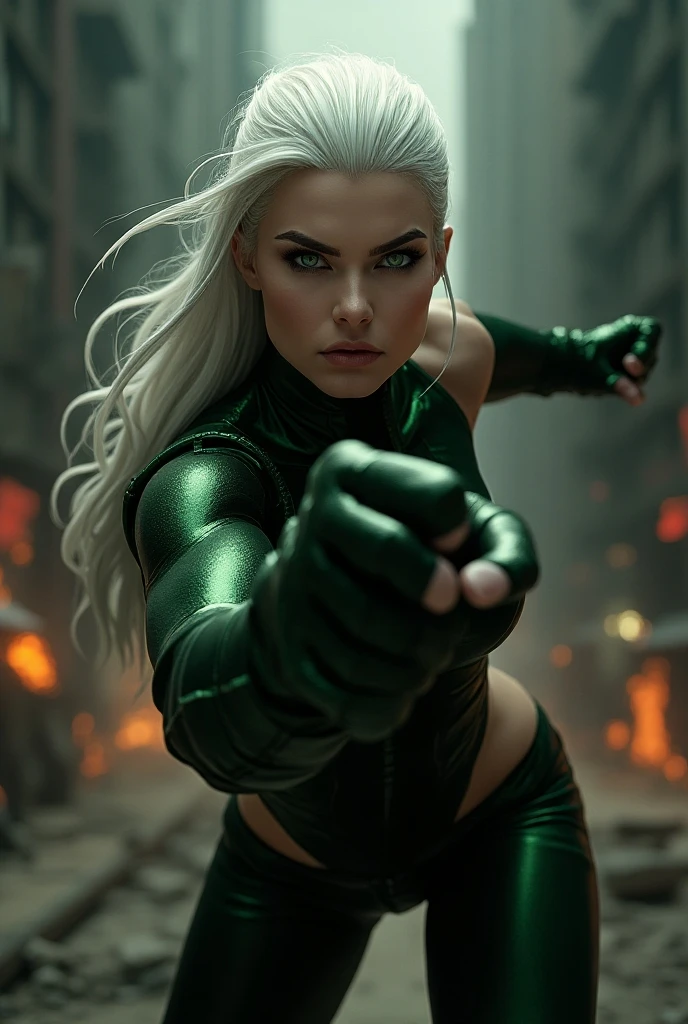 An angry white-haired woman, within an oriental setting. She is a ninja who wears tight clothes and has a defined physique.. She is in an action pose
