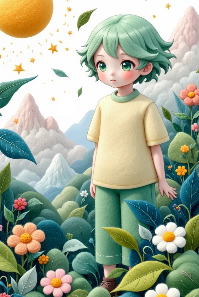 1 boy,aqua eyes,green eyes,bug,crescent,mountain ,gold,short hair,looking at viewer,compensate,sun,green hair,forest,green clothes,simple background ,solo \blank},upper body,white background