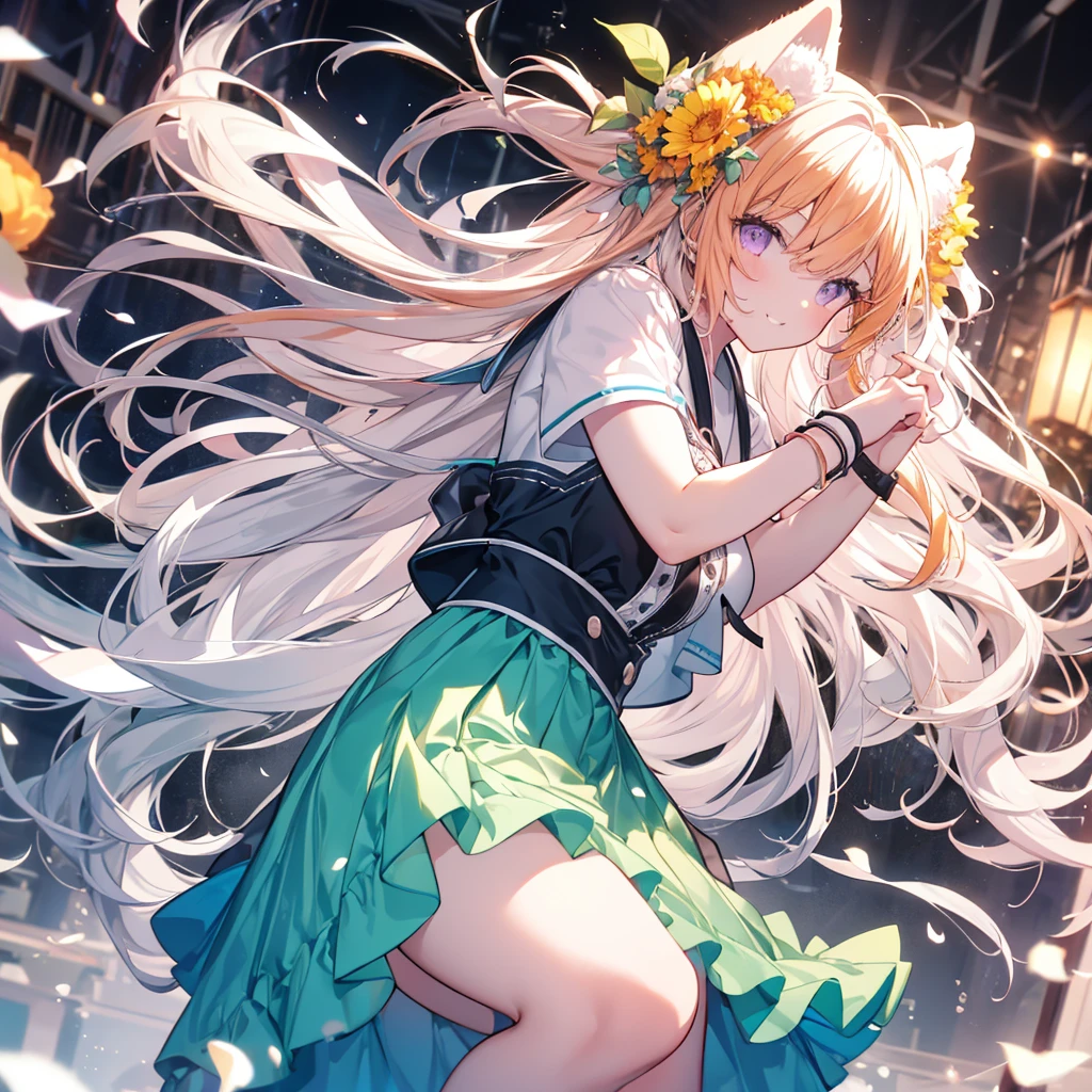 Danganronpa style illustration, Very light background ,  hopeful illustration , happiness, {{{One Girl}}}, Singing and dancing, festival,  beautiful detailed girl, Elf Ears, Game CG, Yellow Flower, profile, One curl on the outside,  short bob hair, Pastel orange hair,  purple eyes,Accessory solo, Bust Up, Medium Shoot , woman, smile, Big Breasts,, pastel green ruffle mini skirt,Black Knee High, {{{{{ wearing a pastel green Japanese-style dress }}}}}, opens her mouth, Daytime, wonderful,  beautiful detailed eyes,  best quality, Very delicate,Masseter muscle area, best quality,(Official Art、 best quality、 unity 8k Wallpaper 、32K、masterpiece、Super detailed、 ultra A high resolution、Realistic、 photorealistic:1.2)、(Cinema Lighting:1.2)、The most grainy shadows on the film、Rely on side lighting、Side Shot、(Super detailedで複雑な3Dレンダリング)、Atelier Series, Butt,