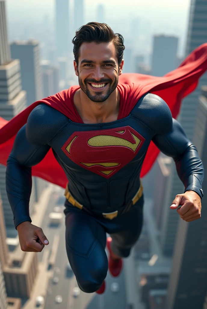 (masterpiece:1.2, Exceptional Quality, Mirror-like, Cinematic Experience, Best illustrations:2.0), Ultra-high resolution, Very detailed, 8k, wallpaper, (Super sexy man:0.5), (Super muscular:2.0), (Nicholas Alexander Chavez:2.0), (Superhero smiling at camera:2.0), (Muscular Chest:2.0), (Elegant body:2.0), (Beautiful Eyes, Shining eyes, Detailed face, small beard, Beautiful skin texture:1.3, undercut haircut:1.3), (Beautiful male hands:2.0), (Fine hand:2.0), (in mid-flight superhero pose:2.0), (Wearing a Superman suit:2.0), (In the background a cityscape:2.0), (Super sexy:2.0), (Very muscular thighs:2.0), (Super functional:2.0), (Cyberpunk:2.0), (SF:2.0), (Visual Effects:2.0), (Upper body close-up:2.0), (dynamic:2.0), (Serious:2.0)