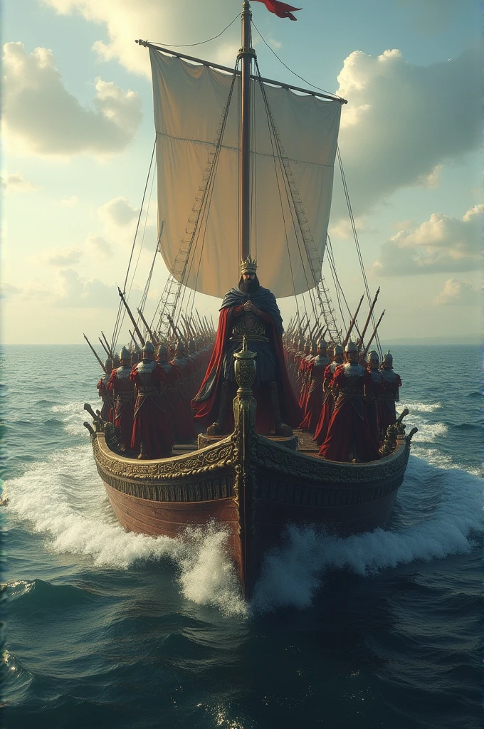 (masterpiece, 8K, UHD, photo-realistic:1.3 by Greg Rutkowski), Julius Caesar, (Roman toga:1.4), golden laurel wreath, standing confidently, a group of (rough pirates:1.3) in the background, (weathered attire, gnarly scars:1.2), ancient ship deck, looking determined, cloudy sky, dynamic angle, realistic style.
