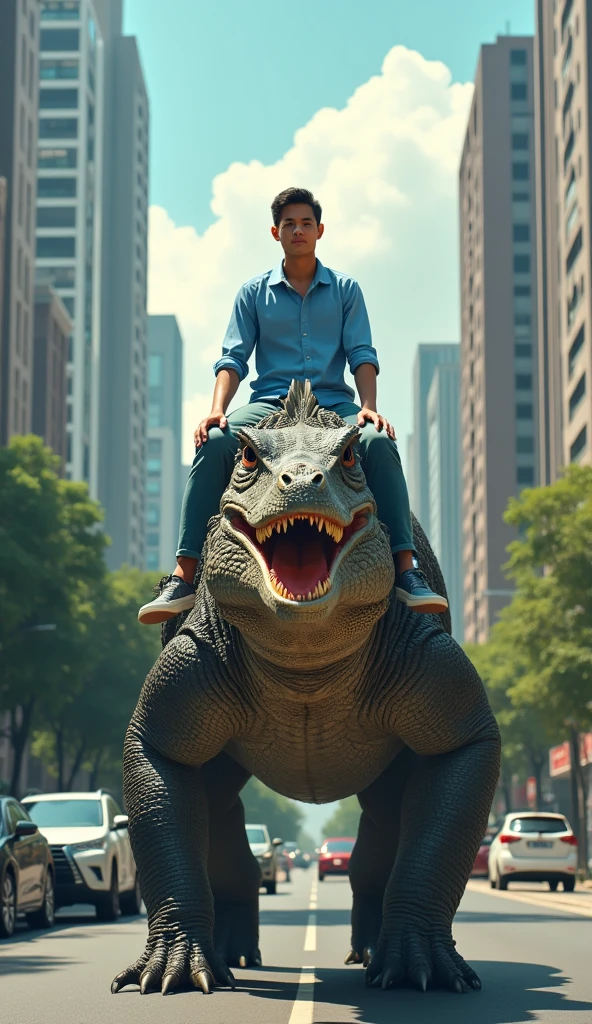 A Tyrannosaurus rex, walks through a ruined Downtown Bangkok, focus on its tiny clasping hands as it hunts Tik Tok women