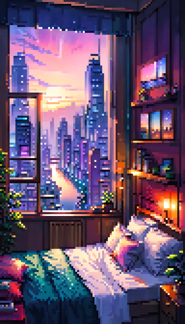 there is a bed in a room with a window and a city view, anime background art, anime aesthetic, anime background, anime vibes, city in the background, dreamy night, anime scenery, personal room background, beautiful cityscape, anime asthetic, lofi art, cozy wallpaper, lofi artstyle, cozy place, night cityscape, beautiful anime scene, wallpaper aesthetic