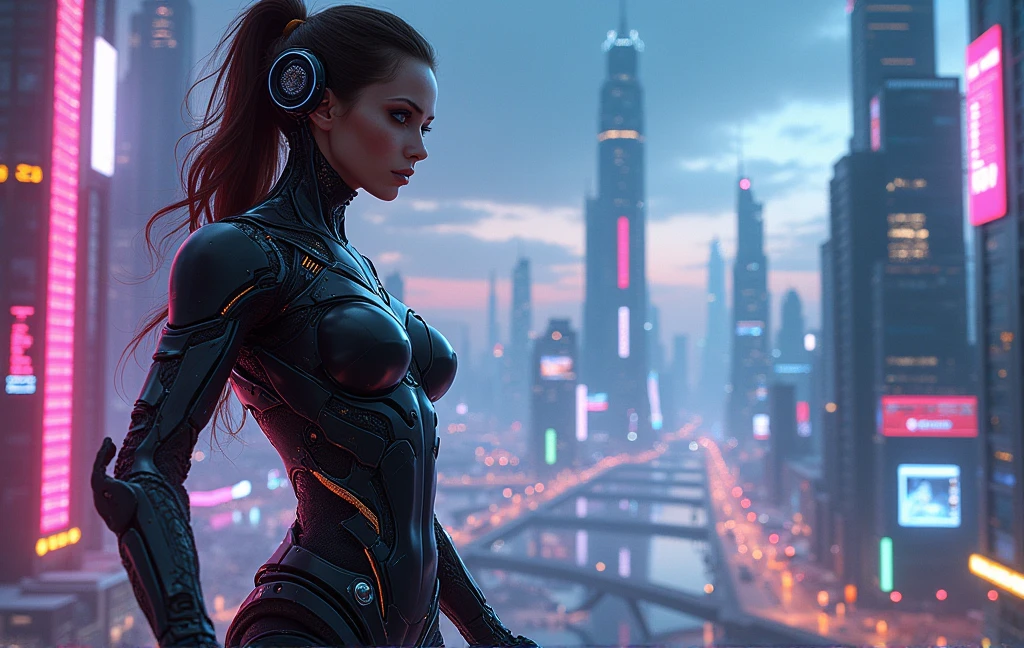 Obra de arte, melhor qualidade, bem detalhado, uma mulher com traje futurista, scifi, ciborgue, You are in a futuristic city on another planet, panoramic view details