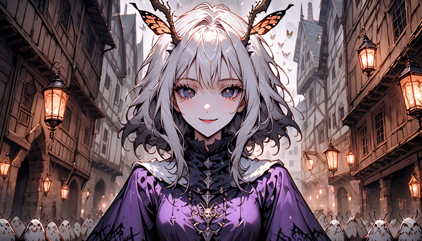 Alone, woman, close,  insect girl ,  moss man girl  ,   black compound eye ,   iridescent eye  ,   white brown fur  , Silver Hair, Fluffyy hair,   giant white fur collar , slender, Tall,  moth antenna ,  Manduca sexta  , Simple black &  purple clothes , Medieval, town, A kind smile, lamp,  black eyes ,  big moth wings , Fluffy,   black scrella  , Humble, Religious