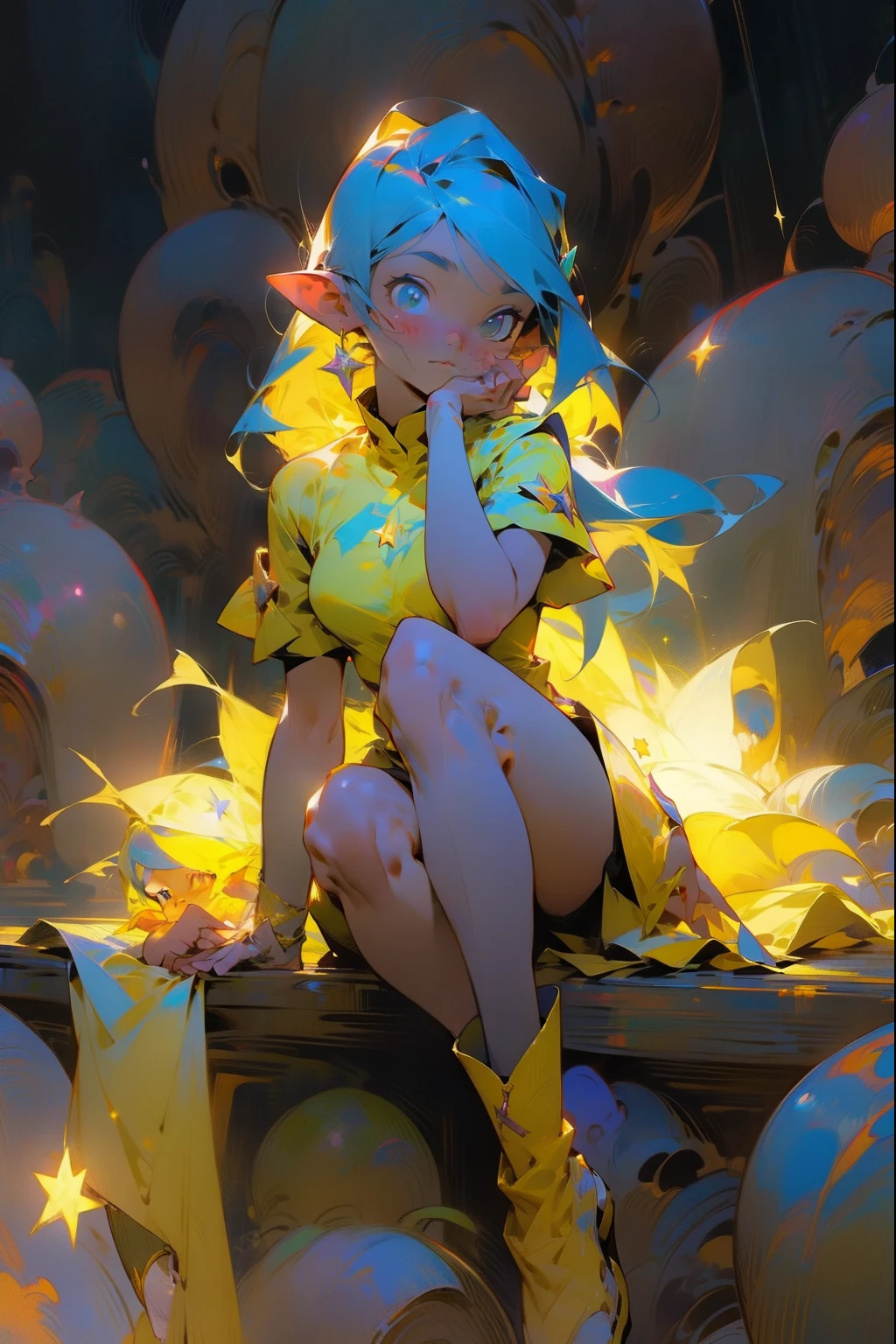 One Girl、 1 girl,Expressionless、Fantastic look、Fairy,  pointed ears, masterpiece, Best Quality,  High Resolution ,,  1 girl, Alone, Blue Hair, Yellow Bandana, Long Hair ,  thigh-high boots、Yellow dress、Yellow Skirt, Dark Background, starlight, star,starをすくう、手のひらでstarを救い上げる、Thighs、sit proudly、Lift your legs、Crossing your legs、Holding a book、Holding a book、Close the book。