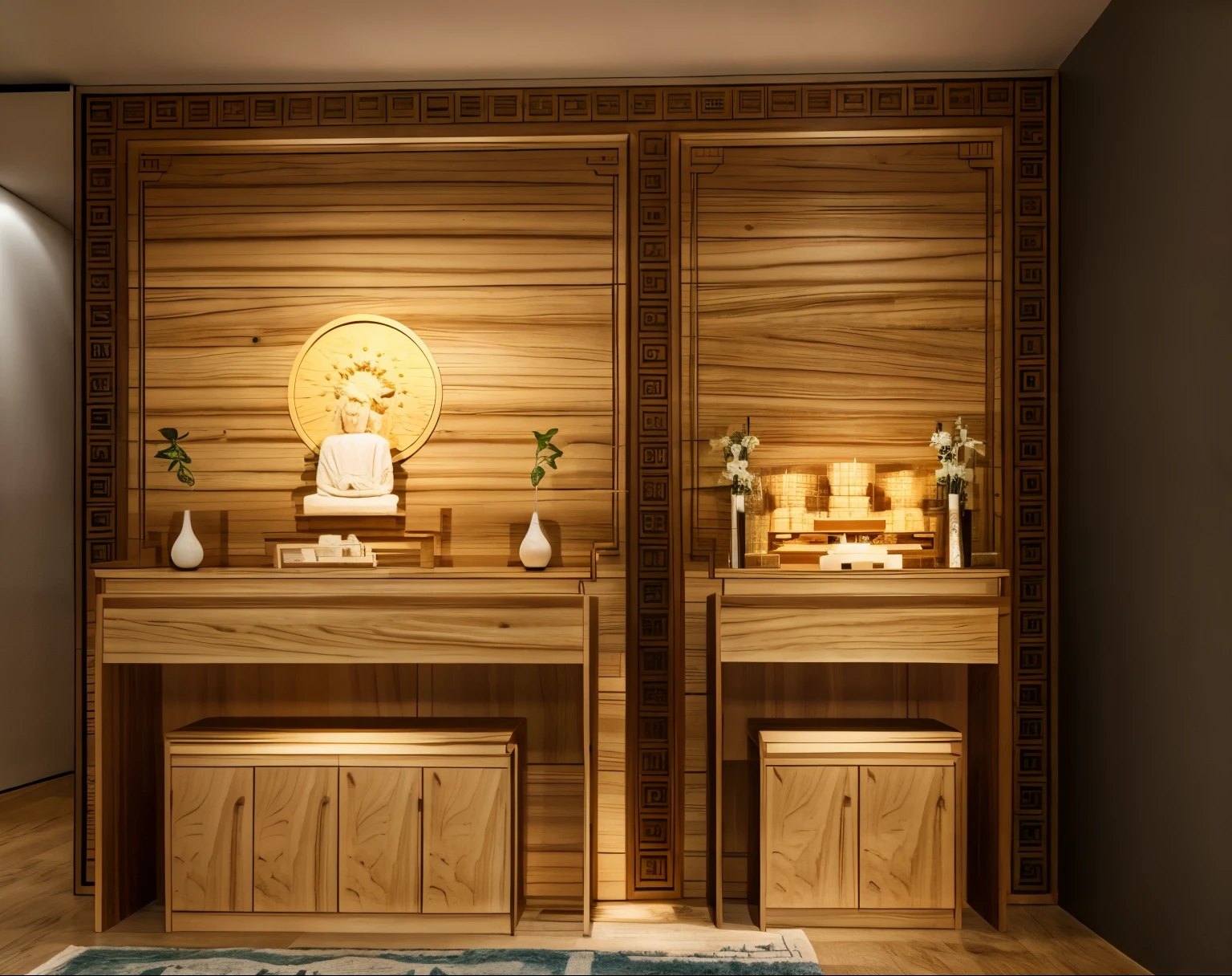 (masterpiece:1.2), (best quality,:1.2), 8k, HDR, ultra detailed, ((photorealistic)), professional light, cinematic lighting, fashion photography, ambient lighting, atmospheric effects, a round altar in the middle of a small temple with (CHINESE BUDDHIST STATUE : 1.3) on it, epiCPhoto, ((white wall :1.3)),photo real, natural wooden,