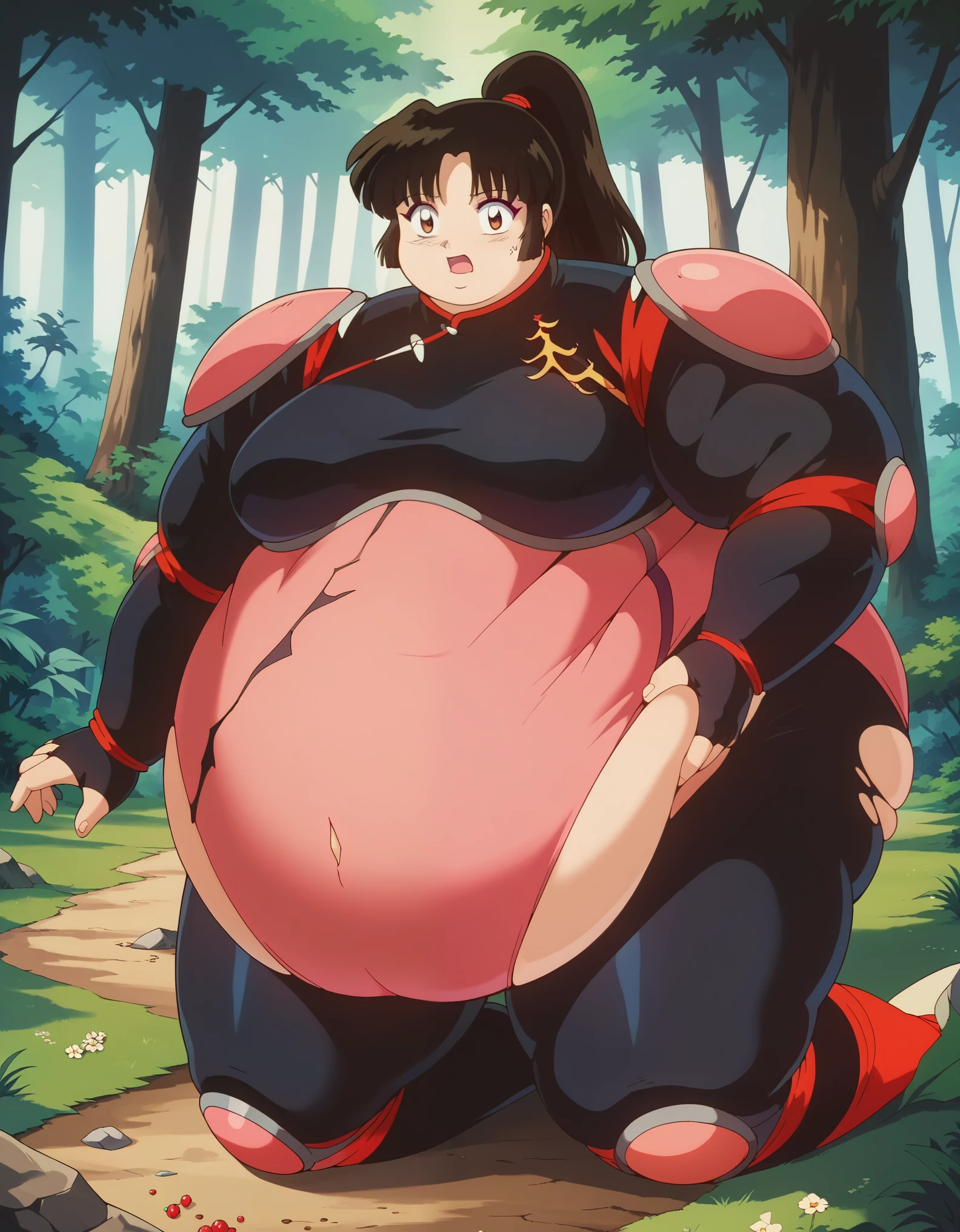 score_9, score_8_up, score_7_up, source_anime,
inuyashasango,
sango, long hair, black hair, brown eyes, retro artstyle,
ponytail, cracked armor, ripping bodysuit, pilot suit,
outdoors, forest, nature,
looking at viewer, fat, chubby, obese, growing bigger, growing fatter, open mouth, gigantic arms and legs, laying down on floor, back laying down 