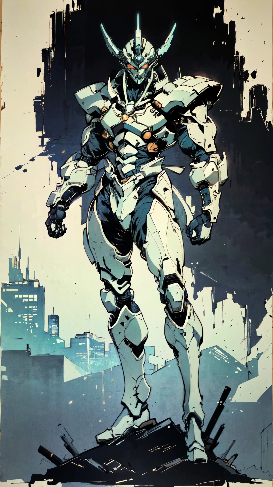 (masterpiece:1.5, best quality:1.5, extremely delicate:1.5, dynamic angle:1.5), ((male:1.5)), Biomimetic humanoid Mecha, green eyes, fully enclosed shoulder guards, matching arm and leg guards, gemstone, full body, full armor, the design balances heavy with agility, organic biotech armor, (the color scheme is primarily White with Green and Blue accents, concept Inspired by Samurai, glowing eyes, the armor glows), standing, floating high above the futuristic sci-fi city, a finely crafted Super robot in anime style, exquisite and mature art style, metallic, dramatic, high definition, highres, ultra-detailed, ultra-fine painting, professional, anatomically correct, symmetrical face, extremely detailed eyes and face, high quality eyes, creativity, RAW photo, UHD, 32k, Natural light, cinematic lighting, (masterpiece-anatomy-perfect:1.2)