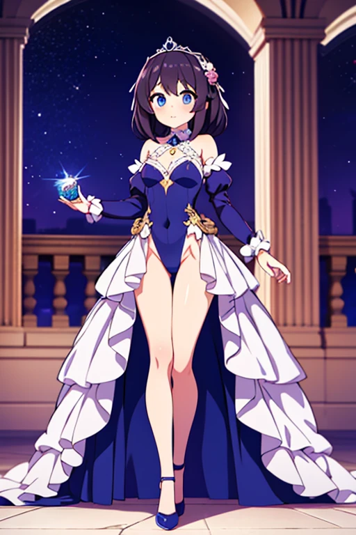 Styles the star crystal, 18 years old, long dark violet hair, lilac eyes, huge breasts, blue gala dress with golden star crystals, walking down the stairs of the palace at night with the stars with a fake smile..hentai
