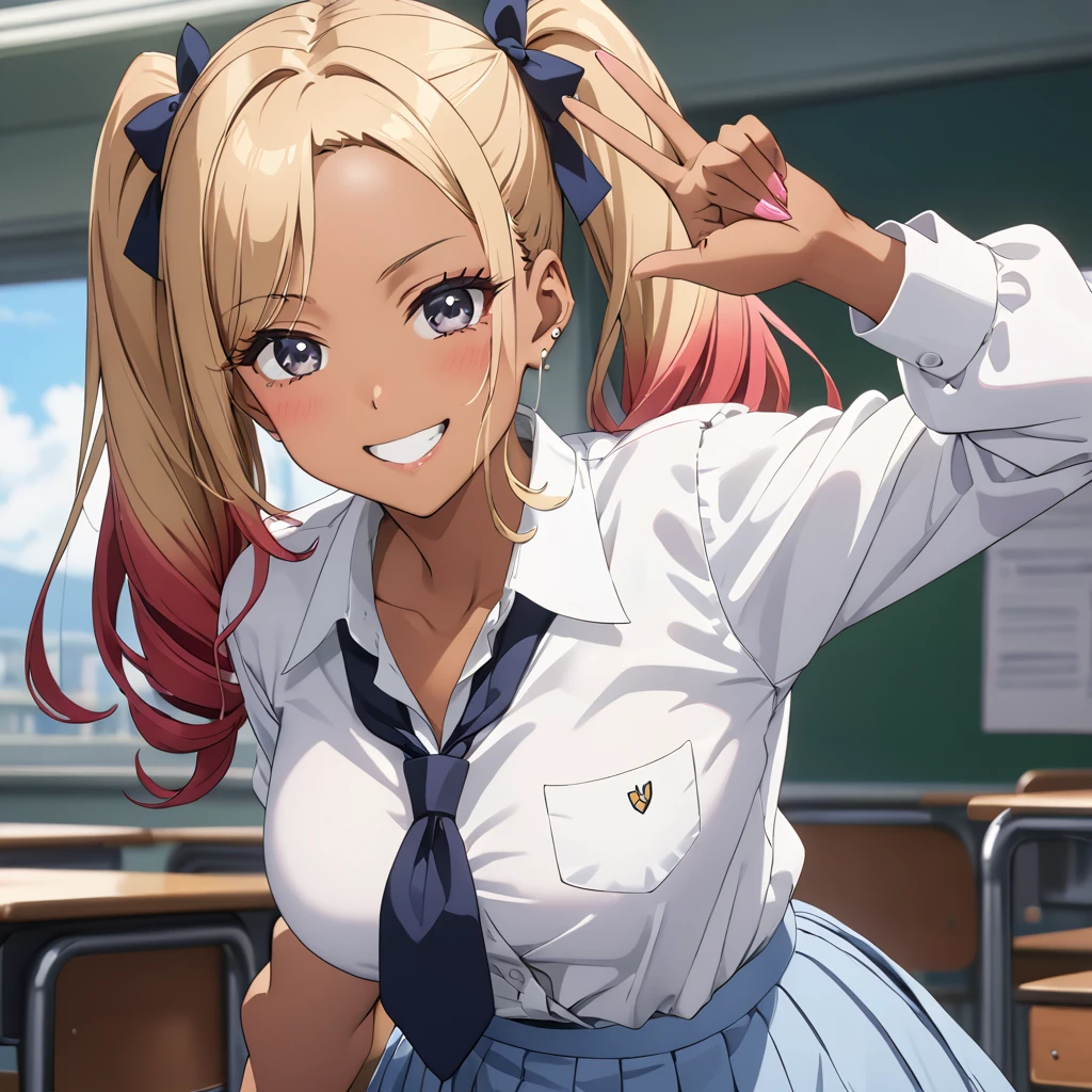 masterpiece, best quality, high quality, detailed, ultra detailed, beautiful, exquisite, insanely detailed, hyper detailed, FHD, Full-HD, 4K, 8K, 16K, highres, absurdres, female, schoolgirl, looking at viewer, center part, short hair:1.3, hair ribbon, high twintails, short twintails, drill hair, shiny hair, (hair styled in a center-parted slicked-back look, forehead), multicolored hair, gradient hair, two-tone hair, ((white eyes)), voluptuous, anime, cel anime, manga, grinning, flushed cheeks, flushed face, making a V sign, making a peace sign, hands on hips, blonde, red hair, tanned skin, dark skin, light brown skin, gyaru, school uniform, undone clothing, teenager, big breasts