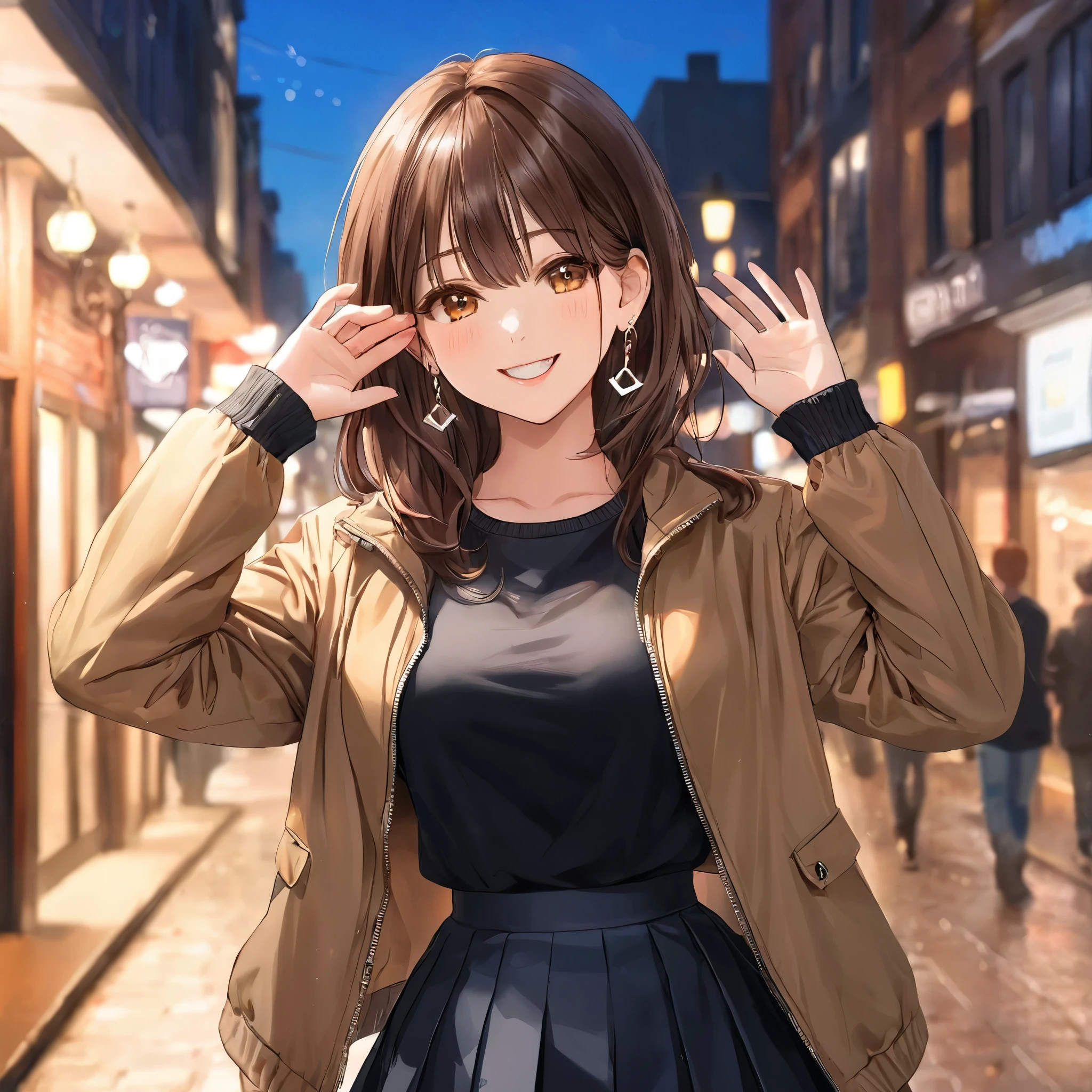 One girl, Ahoge, bangs, black skirt, black sweater, Blue Claws, Blurred, Blurred background, chest, Brown eyes, Brown Hair, brown Jacket, Mouth closed, Day included, Day, Depth of written boundary, Earrings, eyelash, Raise your hand, Tilt your head, Jacket, jewelry, Long Hair, Long sleeve, View Viewer, medium chest, Manicure, Open clothes, open Jacket, Outdoor, Pursed lips, Tucked in shirt, Side Lock, skirt, Sleeves are longer than the wrist, alone, sweater, Upper Body, zipper, smile, ((masterpiece)),