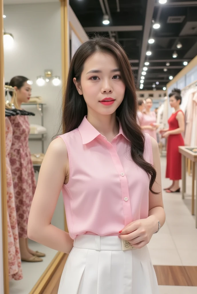 huongtrinh, 1 womanPhotography, realistic, full-body shot of a Asian girl wearing a pink sleeveless shirt and white skirt standing in fashion store, she has pretty lipstick, daylight, detailed, beautiful makeup 