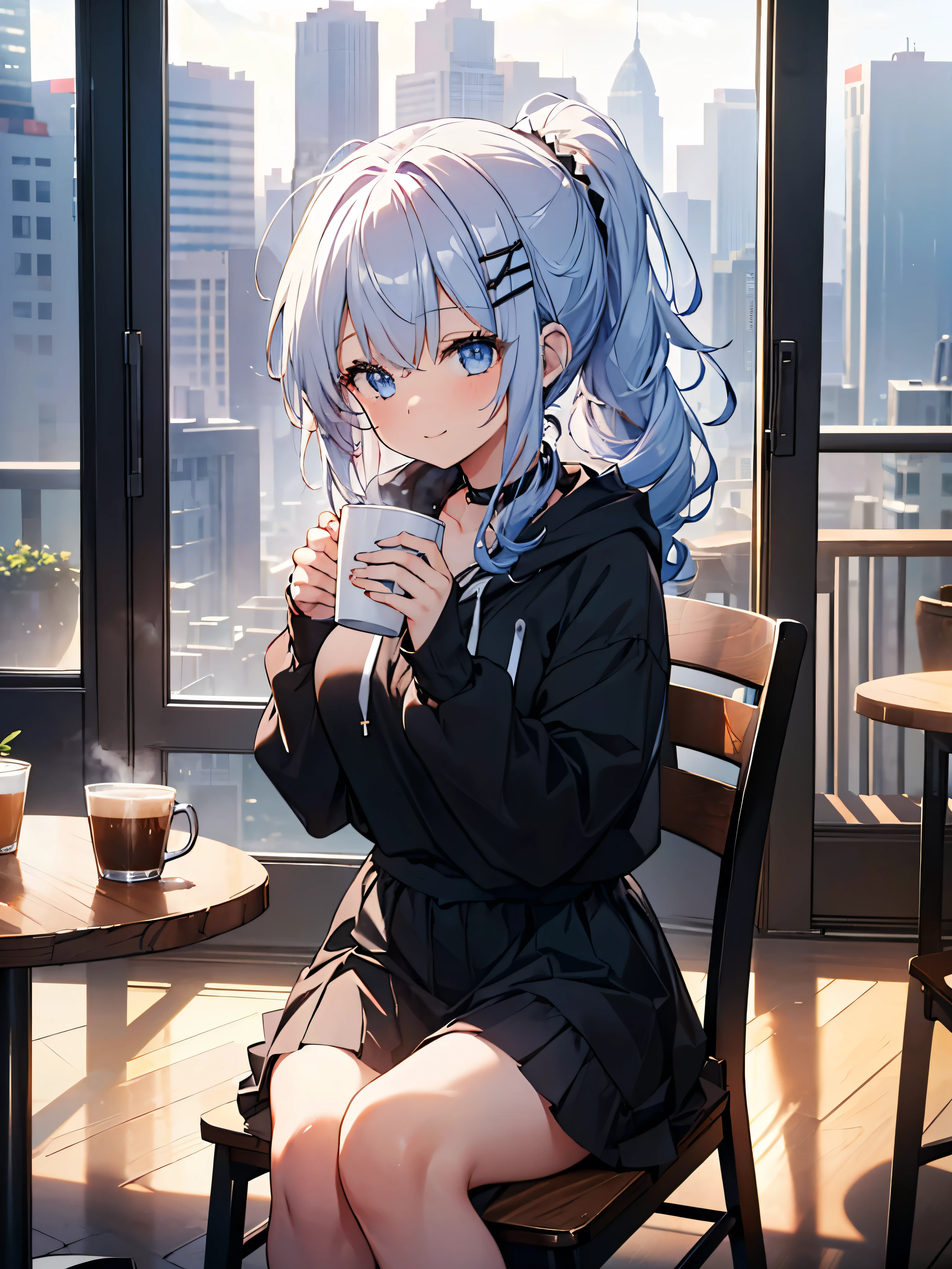 One Girl, Curly Ponytail, smile, blue eyes, View drinks ,Wear a hoodie, (Cafe）, (（morning）), masterpiece, 8k,  perfect lighting, The perfect outfit,  Perfect Anatomy, Sharp resolution, Shallow depth of field,  Soft Shadows , Casual and relaxed atmosphere, Natural light pours in, Hair clip, Beautiful breasts、 black skirt 、Sit on a chair、 coffee cup with both hands、