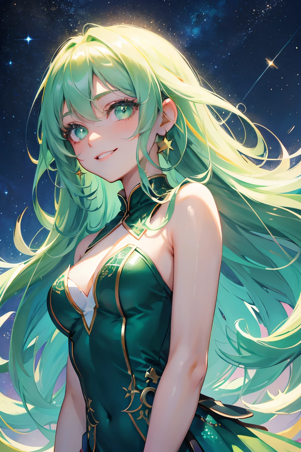 Anime style. In the middle of a large forest in North America a rave is celebrated. Es verano, hace calor, Es de noche y hay hogueras que dan buena luz a la imagen. Una mujer de gran belleza con un look alternativo y pseudo-hippie baila con los brazos abiertos en estado de euforia y trance. (La mejor calidad) (obra maestra)