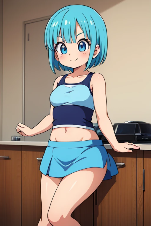  Bulma Dragon Ball Daima extravagant miniskirt, It must be small , adorable, young, sensual (100),  short light blue hair .  very pretty girl . sensual legs. tight top. Mechanical workshop. software. cute. ***********. look at the viewer. happy smile. illusion . fitted bodice.  small body . exposed navel. flamboyant miniskirt. youngcita