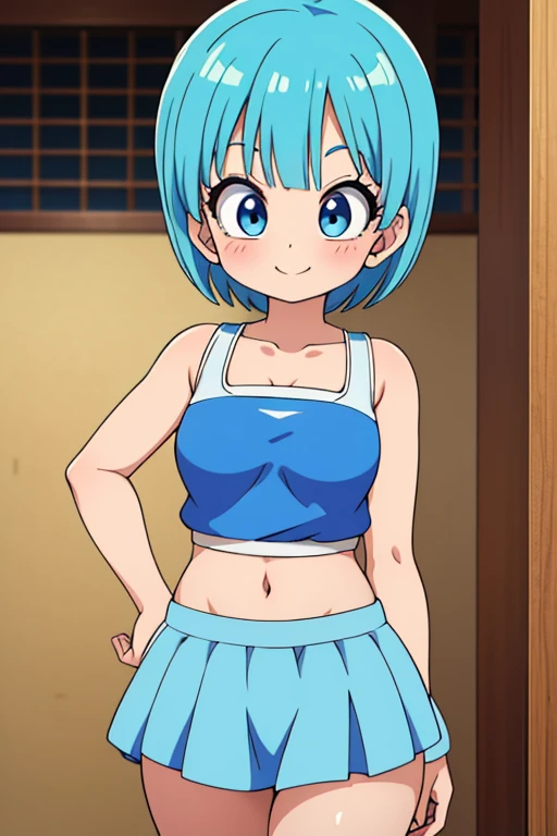  Bulma Dragon Ball Daima extravagant miniskirt, It must be small , adorable, young, sensual (100),  short light blue hair .  very pretty girl . sensual legs. tight top. Mechanical workshop. software. cute. ***********. look at the viewer. happy smile. illusion . fitted bodice.  small body . exposed navel. flamboyant miniskirt. youngcita